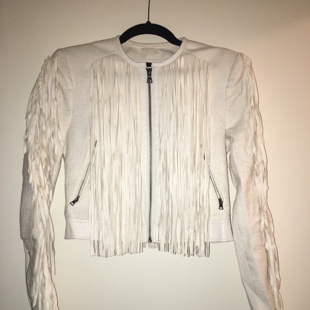 BCBGMaxAzria white fringe jacket.